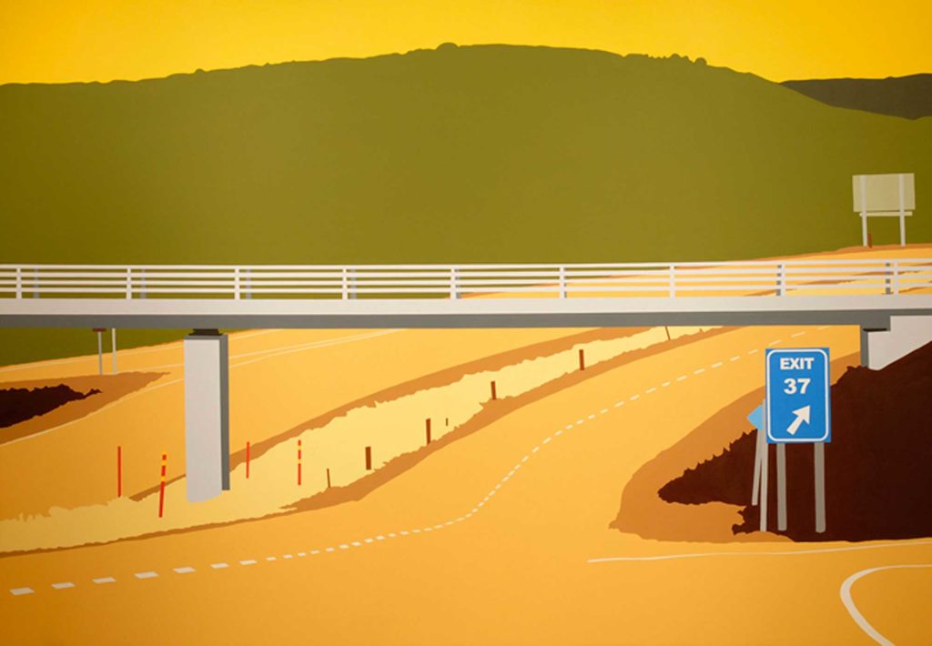 A brightly coloured rendition of a highway. A blue sign reads Exit 37