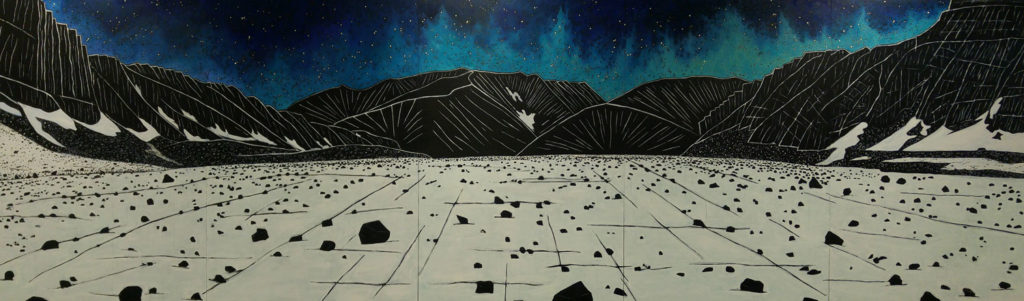 Christine Koch's painting Never Melting Ice depicts a snow field surrounded by black mountains. The northern lights sparkle in a deep blue sky.